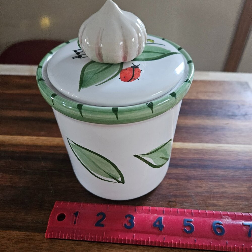 vintage ceramic jar green leaves and ladybug design garlic shape knob